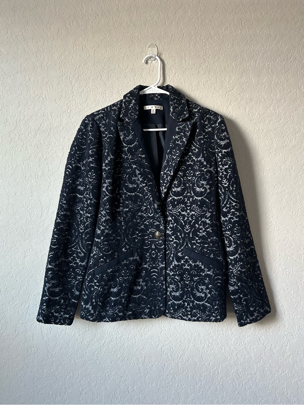 Cabi Paisley Blazer Navy Blue Jacquard Wool Blend Single Button Damask Jacket